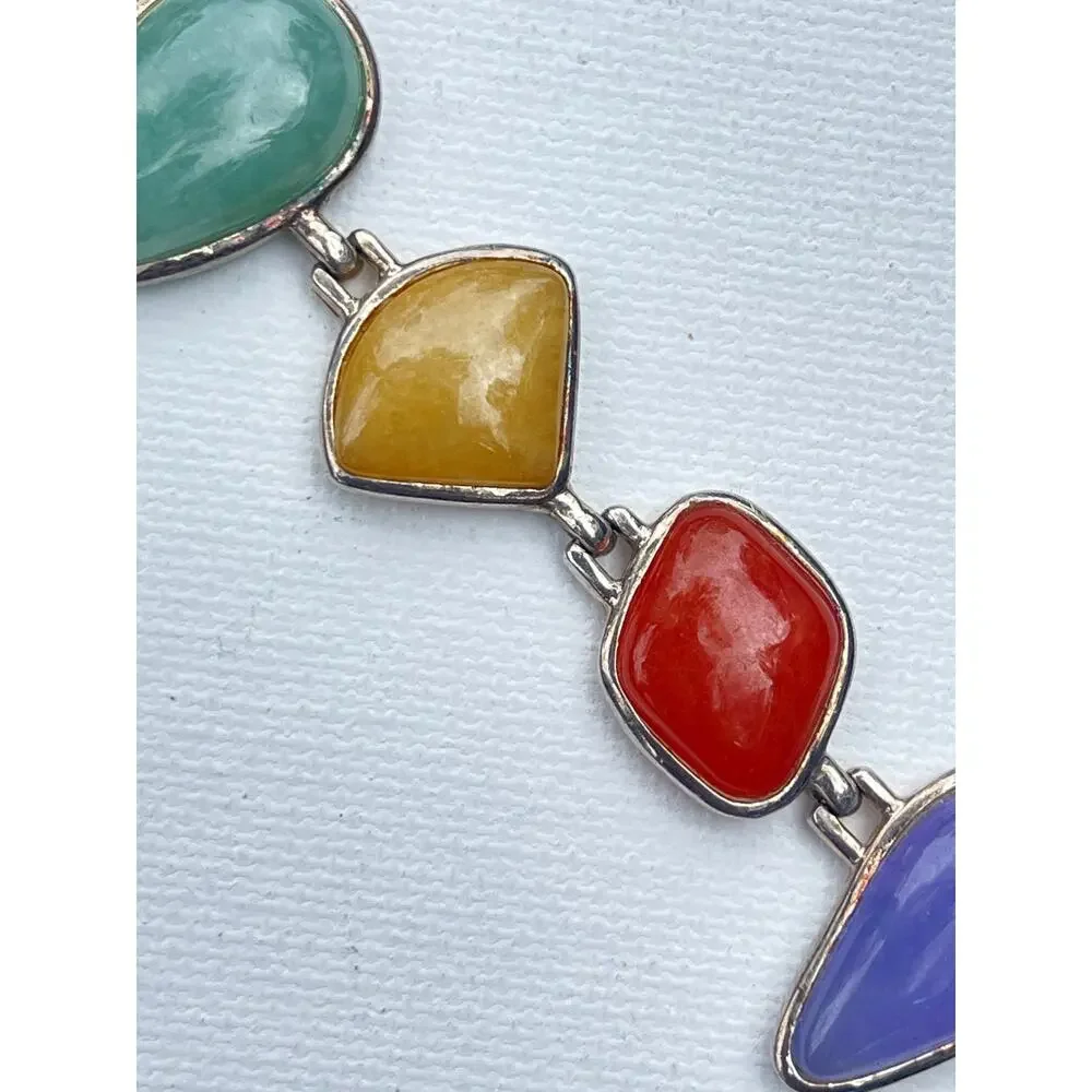Vintage Sterling Silver Multicolor Jade Bracelet 26 grams